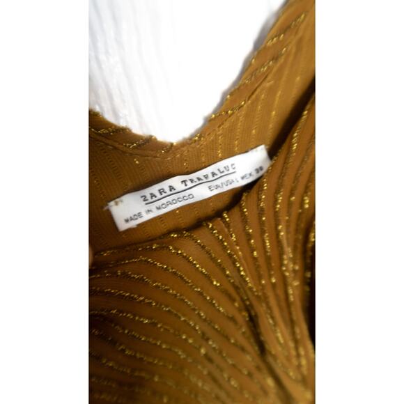 ZARA *BLOGGER FAV* Metallic Bronze Stripe Midi Dress Flutter Sleeve LARGE - Picture 9 of 10